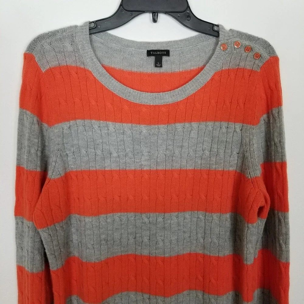 Talbots Women Lambswool Blend Cable Knit‎ Pullover Sweater Sz L Grey Orange